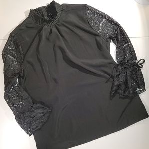 Luna Rae Ruffle High Neck Lace Bell Sleeves Blouse Black
